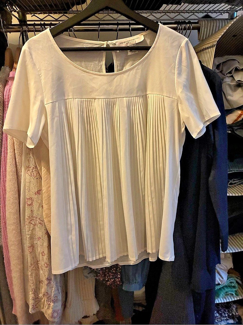 French Connection Pleated Short Sleeve Blouse in White Size Medium
